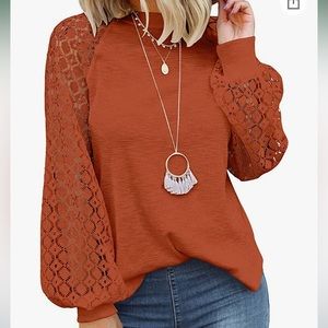 MIHOLL Long sleeve top with lace sleeves, crew neck, loose fit, size small.